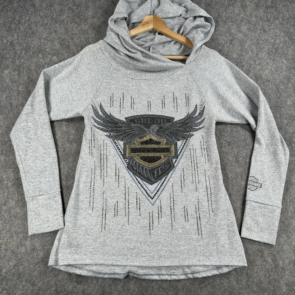 Harley-Davidson Shirt Womens Small Grayโ Rhinestone Hooded Cowl Neck Tunic Top